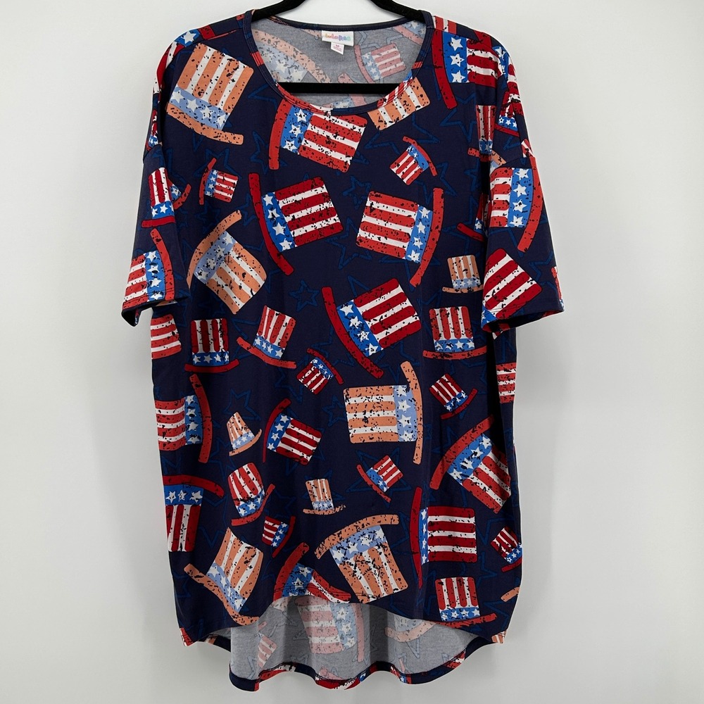 LuLaRoe Tunic Top‎ Oversized M Navy Blue Patriotic Uncle Sam Hat Stars 4th July